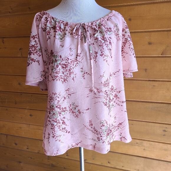 Vintage 70's Pink Floral Boho Cottagecore Pastel Flutter Sleeve Blouse Shirt Top - Picture 2 of 6